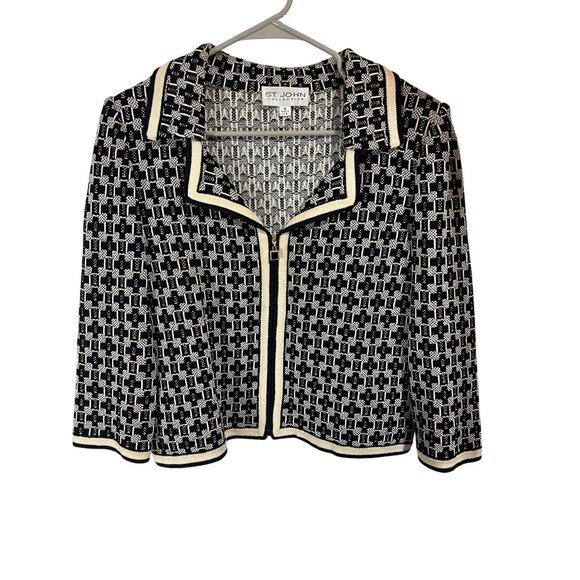 St. John Black & White Geometric Knit Zip-Up Jacket - Picture 1 of 10